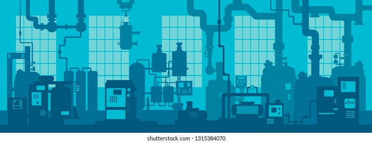 Chemical factory industrial zone. Manufacturing industrial line interior background. 