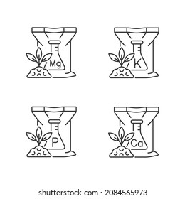 Chemical fertilizer linear icons set. Inorganic supplements for ground and plants. Rich in magnesium. Customizable thin line contour symbols. Isolated vector outline illustrations. Editable stroke