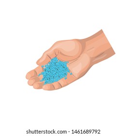 Chemical fertilizer on farmer hand. Vector illustration isolated on white background