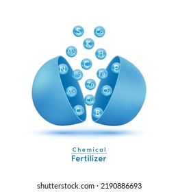 Chemical fertilizers blue. Minerals float out of fertilizer pellets. Nutrient to supplement the soil quality before seed plant. Agriculture concept. Use ad the agricultural industry. Vector EPS10.