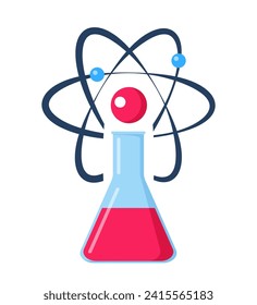 Chemical flask and atom icon. Laboratory experiment symbol, logo. Vector illustration