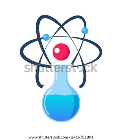 Chemical flask and atom icon. Laboratory experiment symbol, logo. Vector illustration