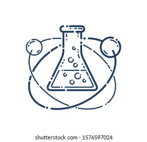 Chemical flask and atom vector simple linear icon, science chemistry line art symbol, laboratory research.