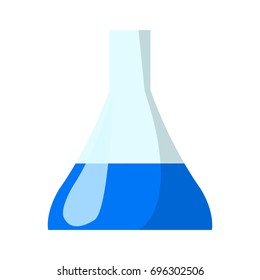 Chemical flask with blue liquid inside vector illustration isolated on white background. Vessel container used in chemistry and physics experiments