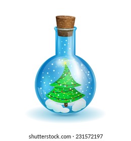 chemical flask with a Christmas tree in the form of a snow globe on a white background