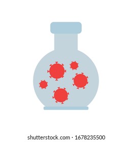 chemical flask with covid 19 virus icon over white background, flat style, vector illustration