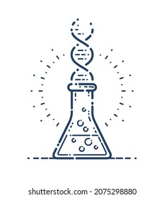 Chemical flask with DNA strand vector simple linear icon, science biology and biotechnology line art symbol, medical laboratory research.
