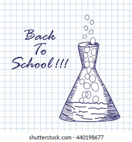 Chemical flask. Doodle sketch on checkered paper background. Vector illustration.