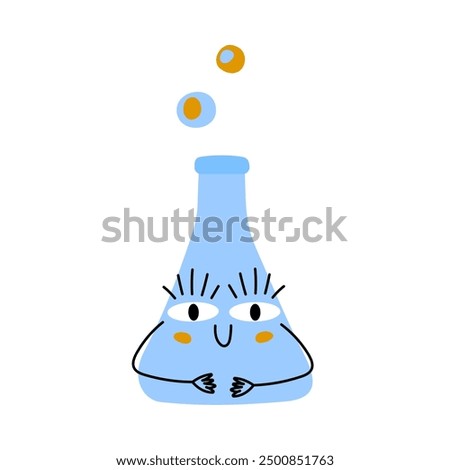 Chemical flask for experiments. Funny smiling character with eyes. Experiments in chemistry lessons. School clipart, concept Back to school
