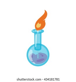 Chemical flask with flame icon, cartoon style