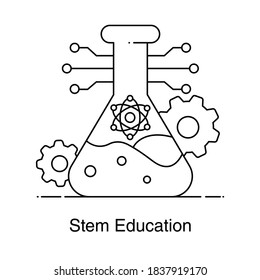 Matraz químico con engranajes y nodos, icono de concepto de educación de tallo en el vector de línea 