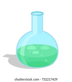 Chemical flask with green substance vector illustration isolated on white. Medical laboratory glass equipment, container for storage fluids