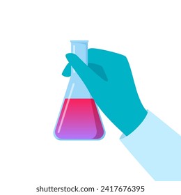 Chemical flask in hand. Gloved hand holding a flask. Liquid in vial. Concept of vaccine, chemical experiments, medical research, science achievement. Vector illustration