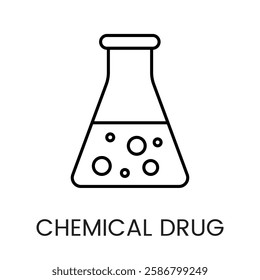 A chemical flask icon filled with liquid and bubbles, representing chemical drugs or laboratory research, in vector style, with an editable stroke.