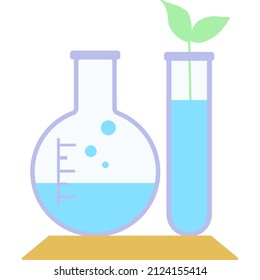 Vector plano del icono del matraz químico. Experimento botánico, química y medicina ecológica. Planta que crece en un vaso de precipitados aislado sobre fondo blanco. Prueba de laboratorio