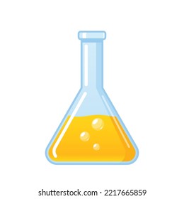 Chemical Flask Icon Isolated on White Background. Glass Beaker, Tube or Flask with Yellow Fizz Liquid. Equipment for Chemistry or Biotechnology Science, Laboratory Item. Cartoon Vector Illustration