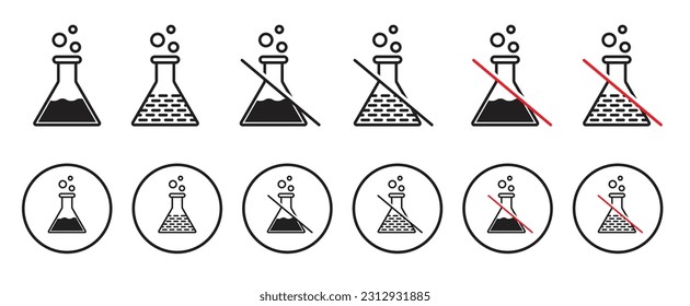 Chemical flask icon set. Chemistry lab beaker logo. Experiment equipment vector sign. Science laboratory test tube symbol.