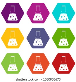 Chemical flask icon set many color hexahedron isolated on white vector illustration