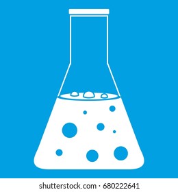 Chemical flask icon white isolated on blue background vector illustration