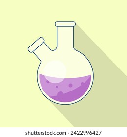Chemical flask, laboratory glassware with liquid. Illustration with a long shadow. Research, scientific experiment, chemistry lesson.