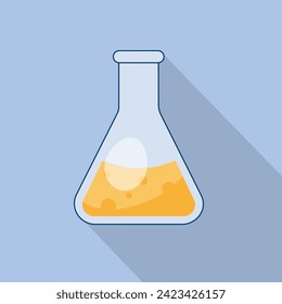 Matraz químico, vidrio de laboratorio con líquido. Ilustración con una larga sombra. Investigación, experimento científico, lección de química