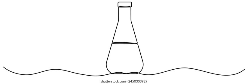 Matraz químico con dibujo lineal continuo líquido. Símbolo lineal del equipo de Ciencia. Ilustración vectorial aislada en blanco.