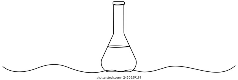 Matraz químico con dibujo lineal continuo líquido. Equipo de Ciencia botella lineal. Ilustración vectorial aislada en blanco.