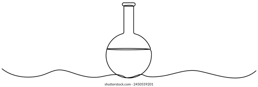 Matraz químico con dibujo lineal continuo líquido. Equipo de Ciencia botella lineal. Ilustración vectorial aislada en blanco.