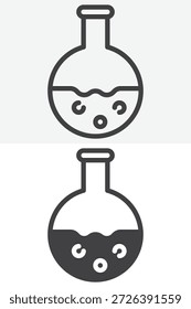 Matraz químico con el sistema líquido del icono del estilo diferente. Versiones de líneas, contornos e iconos sólidos. Signo y Vector de trazo editable para la educación científica. Icono de frasco.