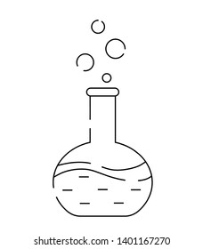 Chemical flask with liquid in style outline. Vector illustration on white background. Symbol, icon, logo