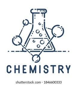 Chemical flask and molecule connections vector simple linear icon, science chemistry line art symbol, laboratory research.
