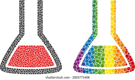 Chemical flask mosaic icon of circle elements in various sizes and rainbow color tints. A dotted LGBT-colored chemical flask for lesbians, gays, bisexuals, and transgenders.