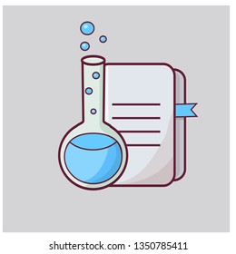 Chemical flask with notepad in cartoon flat style retro in vector illustration.