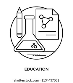 Chemical flask with pencil and a paper embedded science element depicting science education icon 