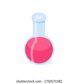 Chemical flask with pink liquid isometric vector illustration. Glass tool for school chemical or scientific laboratory and research concept - studying tool for chemistry design.
