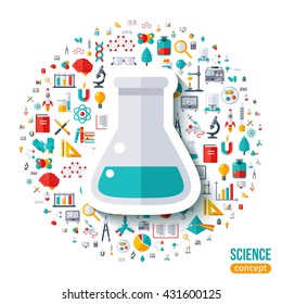Chemical flask symbol flat sticker. Vector concept illustration with icons set of education and science. Scientific Research, Experiment. 
