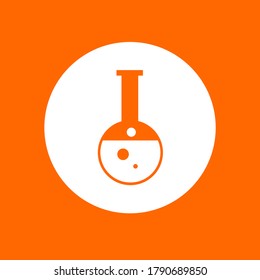 Chemical flask symbol icon. In white circle on a orange background