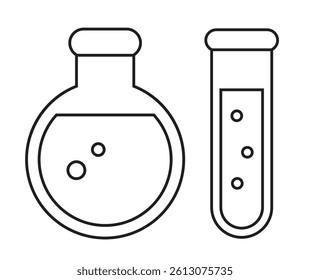 Chemical flask and test glass vector icon isolated on white background. Simple flat illustrations of laboratorial glassware, thin line web design.