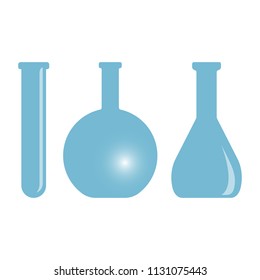 Chemical flask, test tube and vial. Blue glass. Vector icon set. 