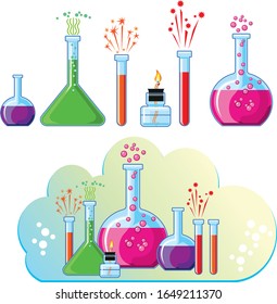 Chemical flasks and beakers of different shapes, with multi-colored reagents. Used for experiments