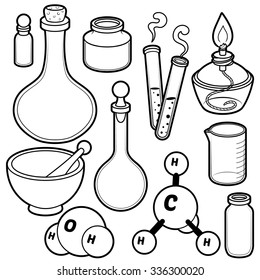 Chemical flasks. Black contour on a white background.