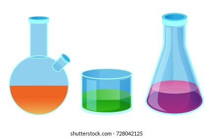 Chemical flasks of different shapes isolated on white background. Round, square and long flask with colorful liquids vector illustrations set