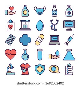 chemical flasks and healthcare icon set over white background, line color style, vector illustration