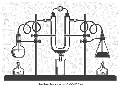 Chemical flasks and hoses in combination with a manometer in a scientific laboratory. Vector black and white illustration. Possible reconfiguration.