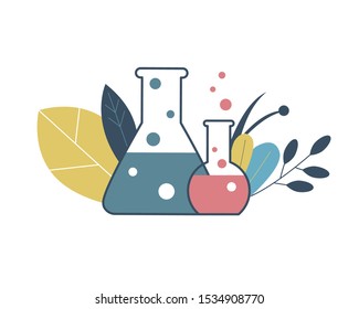 Chemical flasks with liquid. Chemical reaction is taking place. Symbol of science, education, chemistry lesson, work, icon. Flat vector illustration.