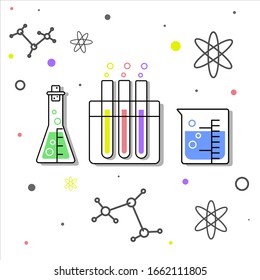 chemical flasks for reaction and research observations on a white background molecules meters in a vector