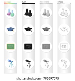 Chemical flasks, a scientist's hat, a school board, an astronomical telescope. School and learning set collection icons in cartoon black monochrome outline style vector symbol stock isometric