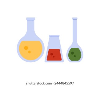 Chemical flasks set, lab beaker and glass test tubes with toxic substance vector illustration