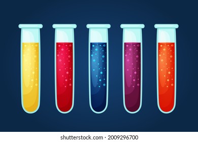 Chemical flasks with substance on a dark background. Set of flasks with potion in cartoon style. Magic liquid with bubbles vector illustration. Scientific test tubes from the laboratory with a colored