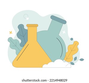 Chemical flasks, test tubes, chemical reaction. Glassware for laboratory research. Bottles for reagents. Pharmaceutical laboratory vector design.